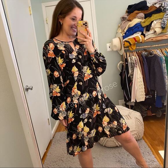 byTiMo Black Floral Spring Summer Easter Open Front Long Sleeve Mini Dress M - Picture 4 of 13